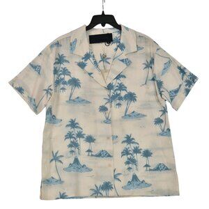 Gianni Bini Women's Size L Margaux Palm Tree Button Front Linen Blend Blouse
